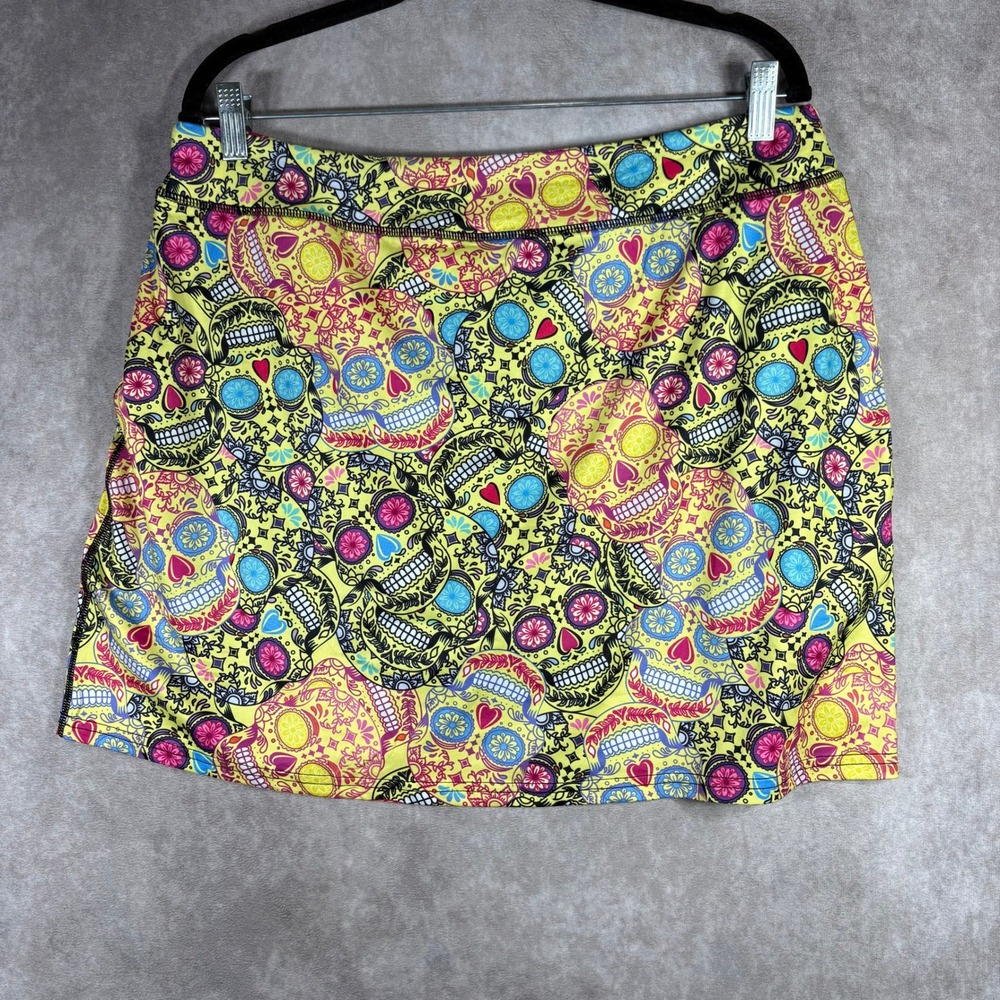 Kimmery Skort Womens XL Yellow Sugar Skull Dia de los Muertos Athletic Skirt NEW